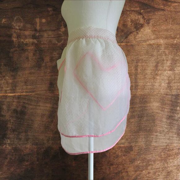Vintage Short Sheer Apron White and Pink Polka Dots Hostess Pocket - Picture 2 of 7